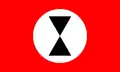 Drapeau de la Bordurie fasciste. Interprétation d'après l'empennage de l'avion à bord duquel Tintin fuit la Bordurie dans l'album de 1939 en noir et blanc.