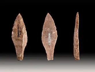 Pointe de flèche en silex, Gravettien (29&nbsp;000-22&nbsp;000&nbsp;BP, Homme de Cro-Magnon, deuxième occupation de la grotte Chauvet).