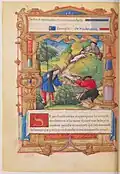 Trois chasseurs tentant d'attraper deux hermines blanches.
