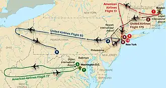Crte montrant quatre trajets aériens au-dessus du Nord-Est des États-Unis.