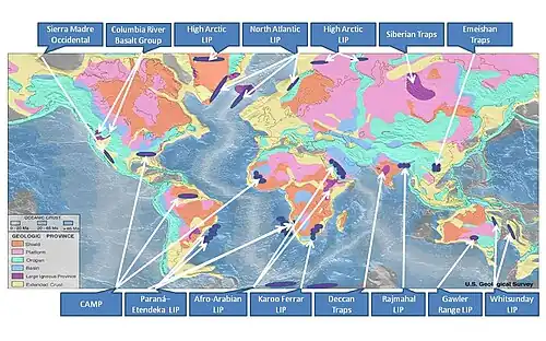 Carte montrant les grandes provinces magmatiques du globe