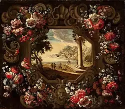 Guirlande de fleurs et paysage maritime du golfe de Gaète (collaboration avec Abraham Brueghel).