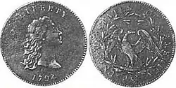 Avers et revers d'un pièce de monnaie, dessins peu visibles.