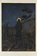 Dans la nuit, le Christ accompagné de saint Pierre, les soldats venus le chercher atterrés à ses pieds