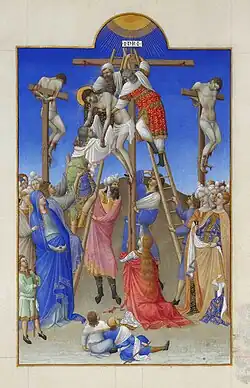 Le Christ, entouré des larrons, descendu de la croix, la Vierge et saint Jean au pied