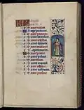 Avril : Jeune homme au bouquet en habits de fête (enluminure marginale, fol.4r).
