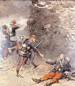 Le Fond de la giberne (1882) par Alphonse de Neuville. Un fantassin français mourant remet ses dernières cartouches à un clairon de mobiles lors de la guerre de 1870.