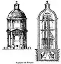 Élévation et coupe de la fontaine, où l'on voit les conduites du château d'eau servant à la répartition de l'eau entre les différents concessionnaires du quartier.