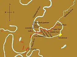 Site de l'affrontement près de Greenwood, Mississippi. La Tallahatchie s'écoule depuis le nord en suivant un chemin tortueux ; vers son extrémité inférieure, elle coule presque plein est, jusqu'au point où elle rencontre la Yalobusha. Les deux rivières forment le Yazoo, qui tourne bientôt vers l'ouest et passe devant la Tallahatchie à environ 5 kilomètres en aval. Fort Pemberton est installé à l'endroit où les deux rivières sont les plus proches. D'autres ouvrages confédérés bordent la rive droite (sud) de la Tallahatchie. La flotte de l'Union est déployée dans la Tallahatchie en amont de Fort Pemberton, les navires de guerre à l'avant à environ 700 mètres.