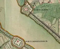 Le fort Lillo et le fort Liefkenshoek sur une carte de Ferraris en 1775.