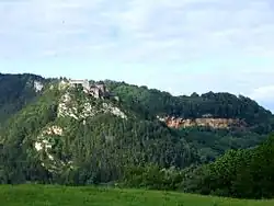 Photographie en couleurs d'une montagne recouverte de végétation sur laquelle se trouvent un fort militaire et un affleurement rocheux.