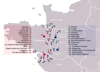 Carte de la Bretagne montrant les forteresses des Marches, du côté breton et du côté français.