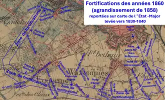 Fortifications de Lille des années 1860 sur carte de l'état-major