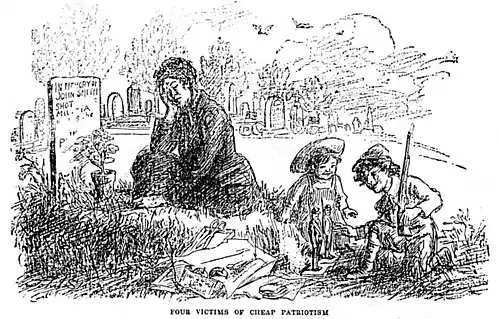 Dessin d'une veuve sur la tombe de son mari avec ses enfants jouant avec des petits soldats et un fusil.