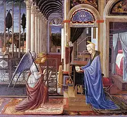 L'Annonciation, tempera sur bois, Alte Pinakothek, Munich.
