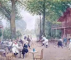 Tableau montrant des bourgeois installés à la terrasse d'un café, des personnages avec des vélos à l'arrière-plan.