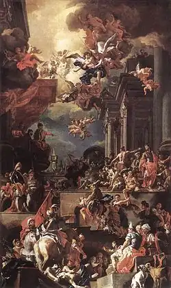 Scène de massacre devant des personnages orientaux surmontés d'anges dans un décor antique.