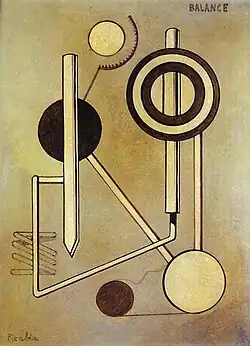 œuvre abstraite. On distingue des disques, des tubes, une forme de crayon