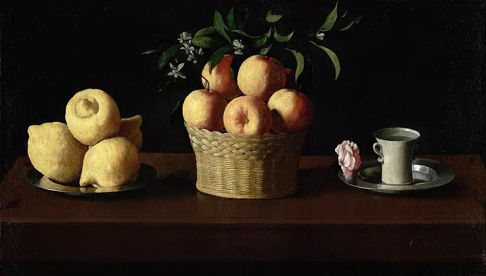 Nature morte aux citrons et oranges avec une roseVers 1633 (60&nbsp;×&nbsp;107&nbsp;cm)Norton Simon Foundation, Los Angeles.