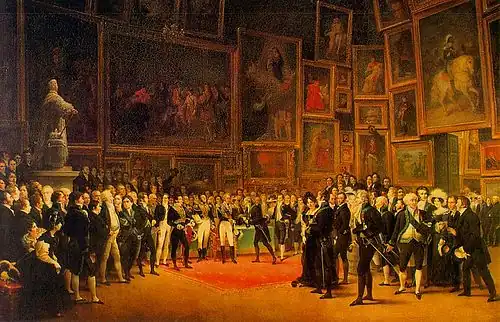 François-Joseph Heim, Charles X distribuant des récompenses aux artistes exposants du salon de 1824 au Louvre le 15 janvier 1825, 1827, Musée du Louvre - Nicolas Gosse est l'un des artistes représentés.