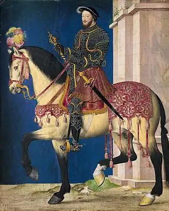 Portrait équestre de François Ier, vers 1540, miniature sur vélin,27&nbsp;×&nbsp;22&nbsp;cm, Musée du Louvre.