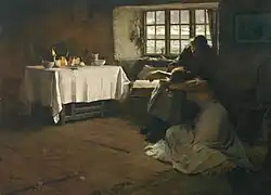 Intérieur sombre : deux femmes (XIXe) en détresse émotionnelle, lumière dramatique, ambiance réaliste et pensive.