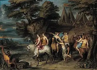 Clélie et ses compagnes fuyant les Étrusques, huile sur toile 56 × 78 cm, vers 1650.