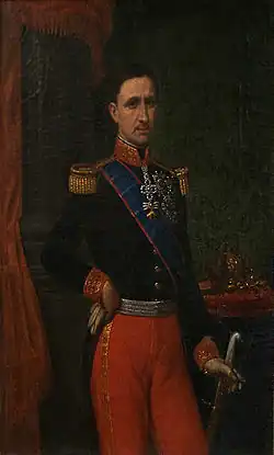 Tableau représentant un homme debout dans des habits riches de militaire et tenant une épée à la main