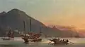 Junks, sampans and western shipping lying off Hong Kong at dusk, c. 1869