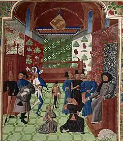 Illustration en couleurs d'un homme s'agenouillant devant un prince au milieu d'une grande salle.
