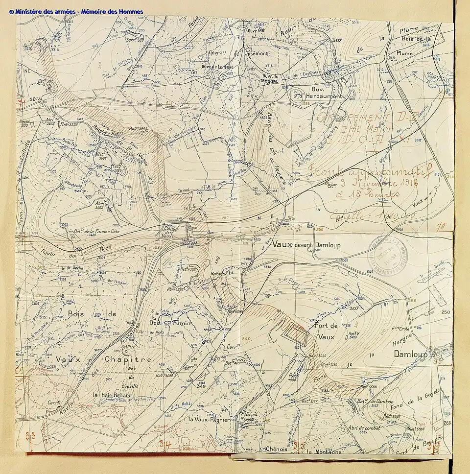 Front approximatif le 3 novembre 1916 à 18 h autour du fort de Vaux.