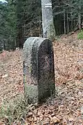 Borne frontière franco-suisse no 53, côté suisse, datée de 1922, entre Jougne et Ballaigues.