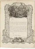 Frontispice du Recueil de Jean Lamour. En haut, Stanislas le Bien Faisant, duc de Lorraine et de Bar, visite l'atelier et les ouvrages du Sieur Lamour. En bas, l'amour appliqué au dessin.