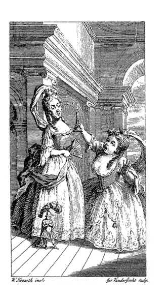 Frontispice. Deux reines géantes, l'une levant un chandelier, dominent un homme minuscule.
