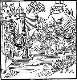 Gravure en noir et blanc, montrant quatre chevaliers sur un même cheval, s'échappant d'une forteresse, poursuivis par un personnage couronné et d'autres