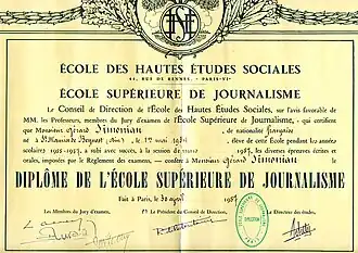 Diplôme de l'ESJ Paris 1957 de Gérard Simonian
