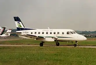 G-OEAA, l'Embraer EMB 110 impliqué dans l'accident, ici photographié à l'aéroport de Southampton en août 1994.