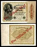 Billet de 1&nbsp;000 marks du 15 décembre 1922 contremarqué en rouge « 1 milliard de marks » durant l'automne 1923.