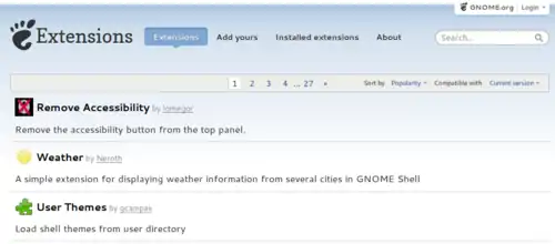 Site web gestionnaire des extensions GNOME Shell (capture d'écran de 2013)