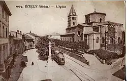 Carte postale ancienne : Le terminus de l'église d'Écully de la ligne Pont-Mouton - Écully de la STE