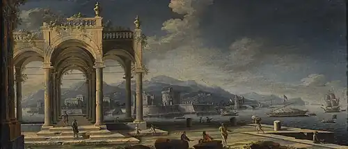Capriccio de ruines antiques dans un port méditerranéen avec bateaux et spectateurs.