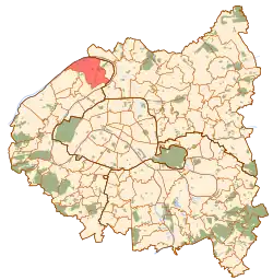 Situation de la commune de Gennevilliers, en rouge, sur une carte de Paris et de la « Petite Couronne ».