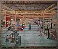 Genshin Kyoraishi - XVIIIe&nbsp;siècle - Bunraku dans un salon de thé. - Les verticales étant clairement parallèles, la ligne de fuite des plans horizontaux (plafond et plancher) est une ligne de fuite principale.