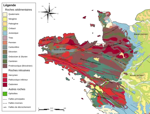 Carte géologique de l'Ouest de la France, Angers est à cheval entre Massif armoricain et Bassin parisien.