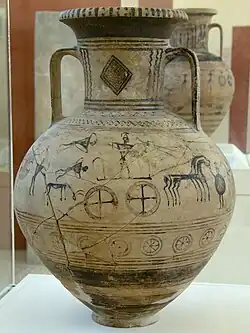 Amphore à la scène de bataille terrestre, VIIIe siècle. Musée archéologique de Paros.