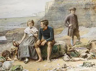 Un homme et une femme assis sur un banc au premier plan ; au second, un homme habillé comme autrefois, observant discrètement la scène