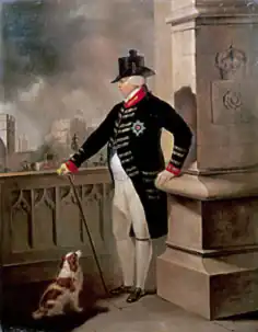Peinture à l'huile du roi debout, en jaquette noire et culotte blanche, sur une terrasse du château de Windsor