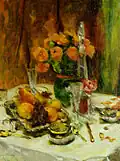 Intérieur avec table couverte et verres de champagne, fruits et asters de Chine (« Interieur mit gedecktem Tisch mit Champagnergläsern, Früchten und Sommerastern », 1919)