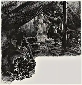 Narr'Havas entre dans la tente de Mâtho tandis que Spendius dissimule le zaïmph. Gravure de Champollion d'après Rochegrosse, 1900.