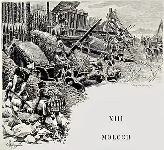 Les machines de guerre. Gravure de Champollion d'après Rochegrosse, 1900.